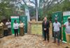 Minister Willie Aucamp and SanParks interim chairperson Beryl Ferguson and the agency CEO Hapiloe Sello during the plaque unveiling celebration 100 years of Kruger National Park existence in Skukuza