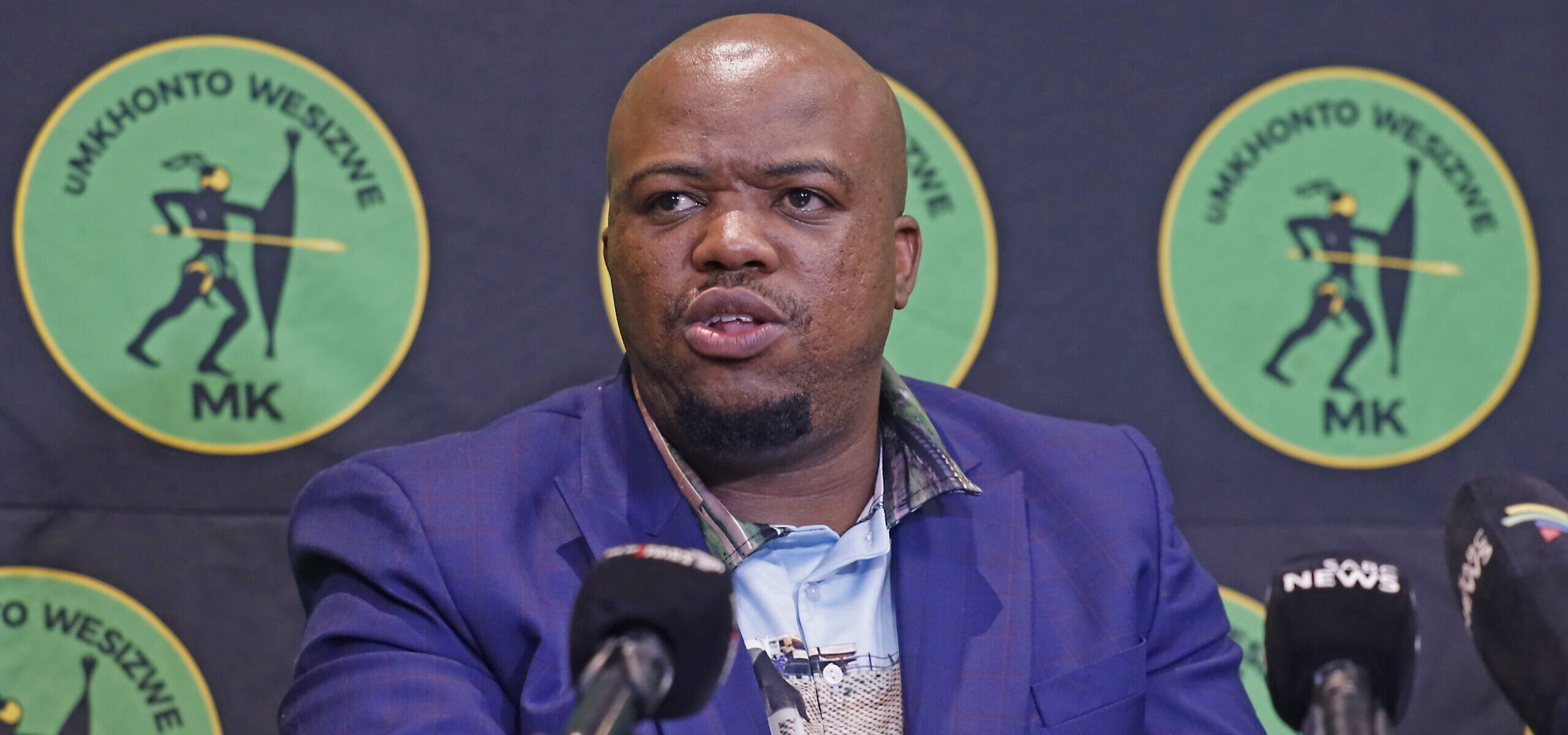 MK Party secretary-general Sibonelo Nomvalo speaking at a media briefing in Sandton.
