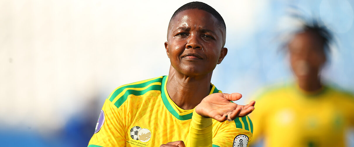 Bambanani Mbane celebrates during South Africa's Wafcon Group B match against Tanzania in Morocco.