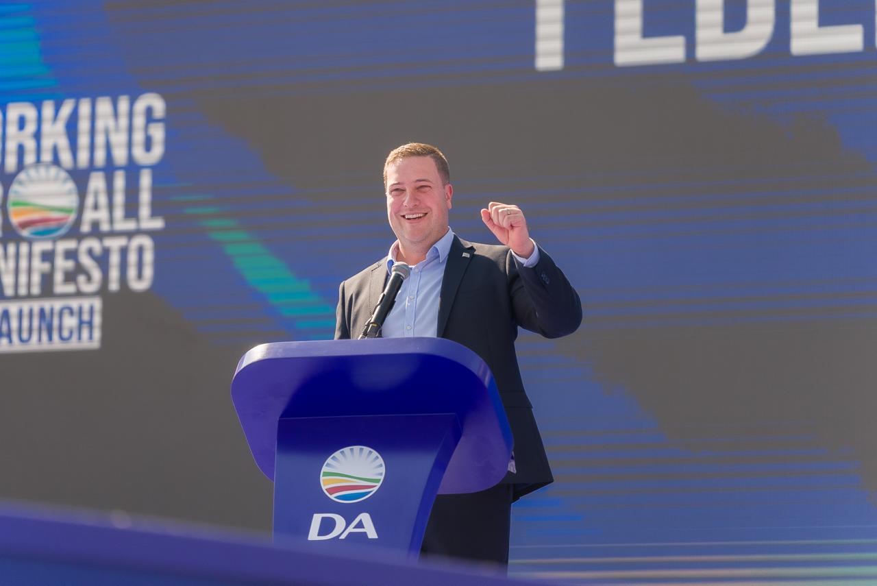 DA leader Geordin Hill-Lewis speaks at the party's local government elections manifesto launch in Newtown Johannesburg on Saturday.