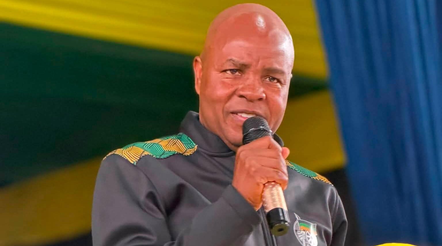 Mandla Ndlovu at a podium wrapped in ANC colours.