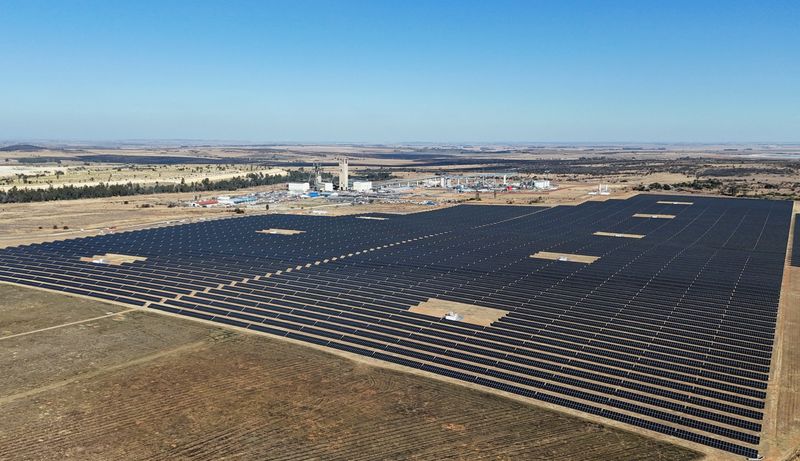 Drone view of solar panels at Gold Fields' South Deep mine, southwest of Johannesburg.