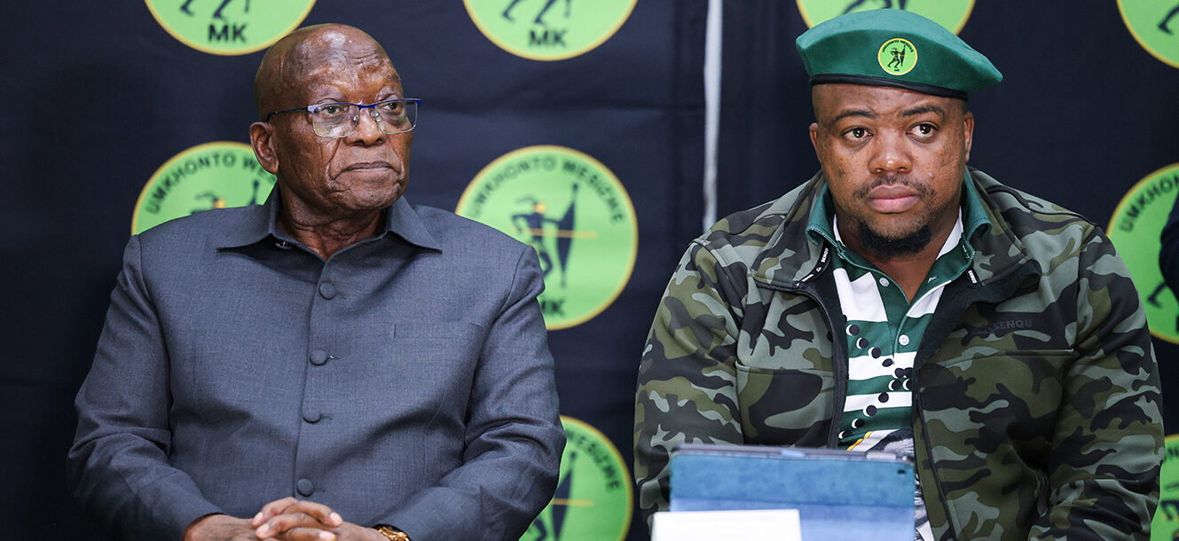 MK Party leader Jacob Zuma and secretary-general Sibonelo Nomvalo at a media briefing