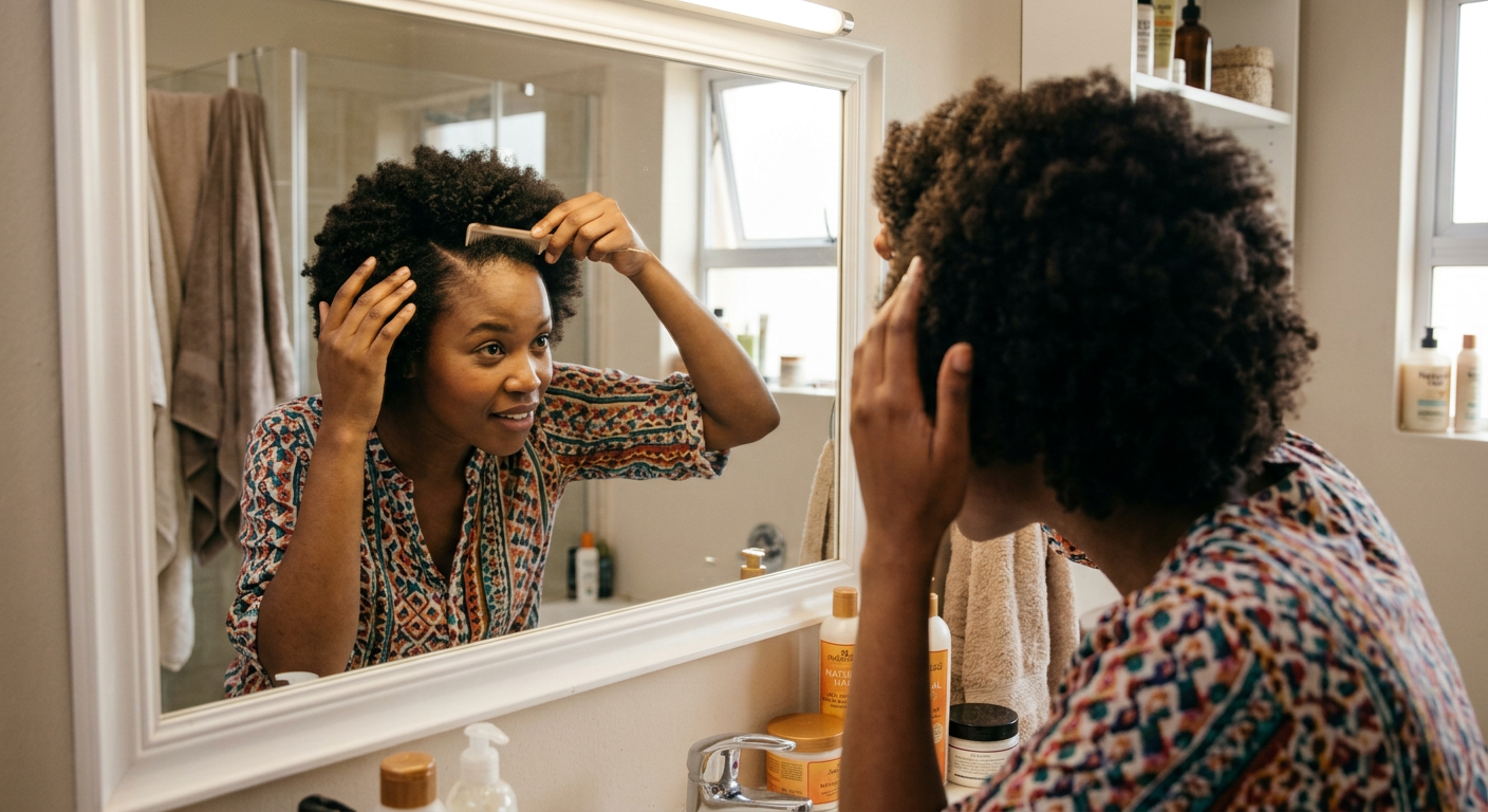 A Black South African woman with healthy afro-textured hair examining her scalp.